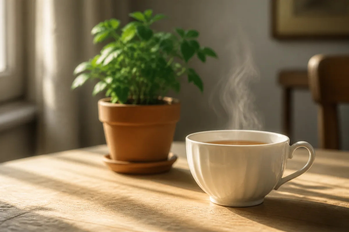 Tasse de thé et plante verte sur une table en bois près d’une fenêtre