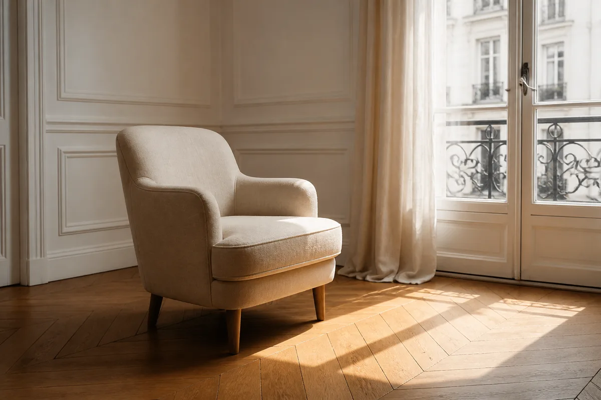 Fauteuil vide près d’une fenêtre dans un salon français en fin d’après-midi