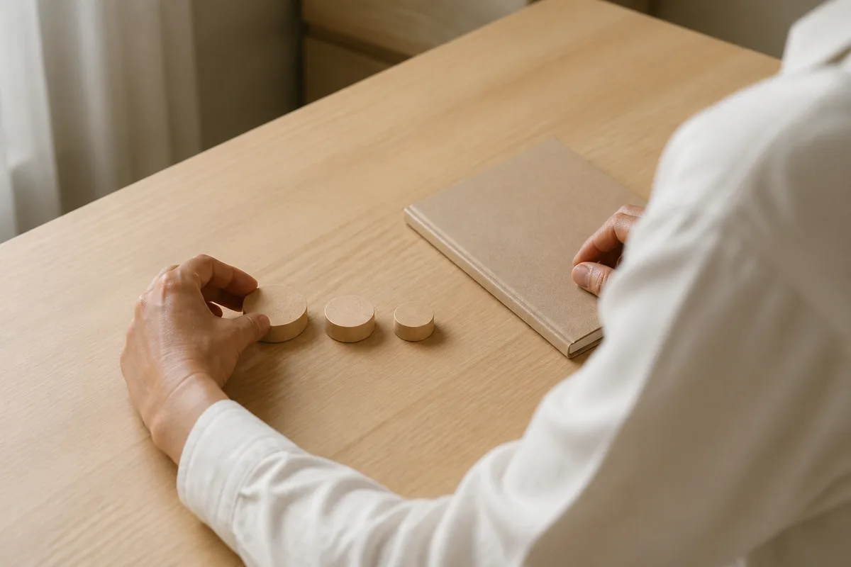Mains alignant trois jetons de bois près d’un carnet fermé, sur le bureau clair d’un cabinet de conseil