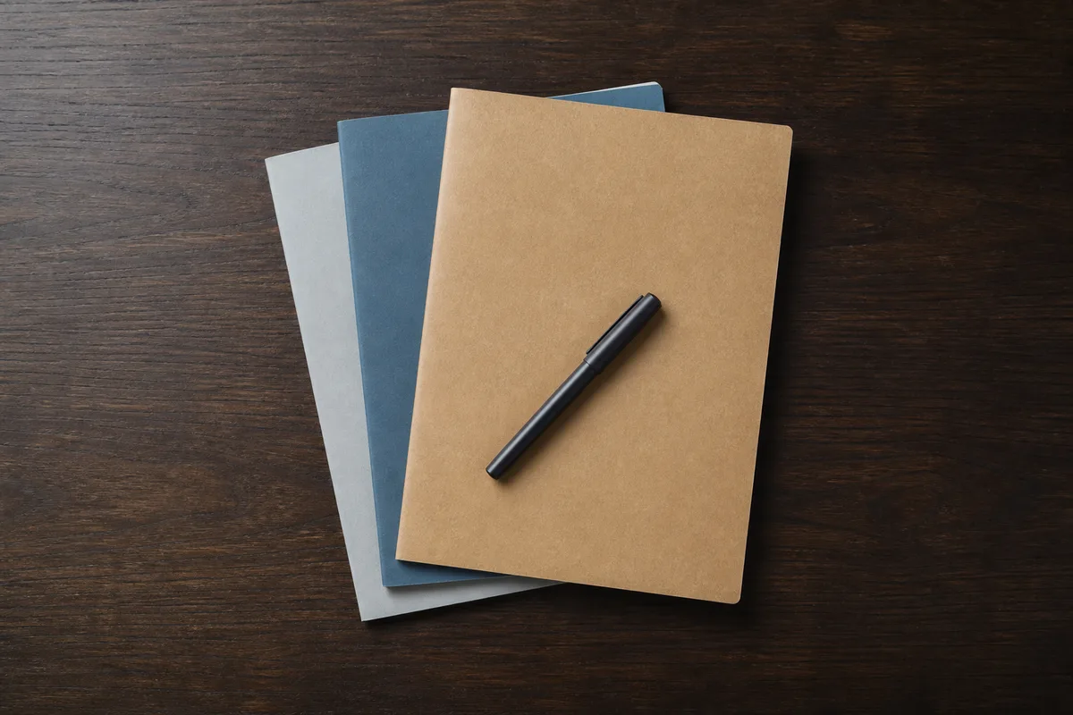 Chemises cartonnées de couleur unie et stylo posés sur une table de réunion nue