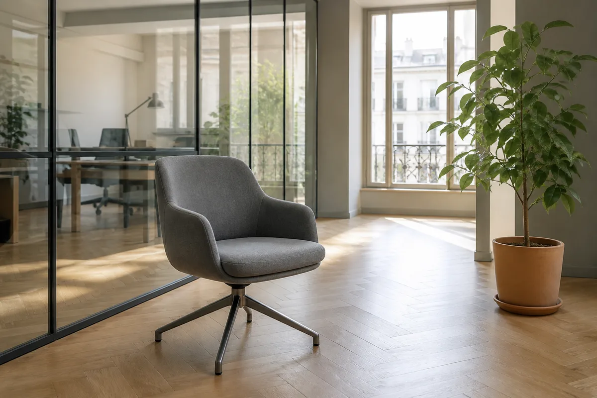 Fauteuil de bureau vide devant une verrière, plante verte et lumière naturelle diffuse