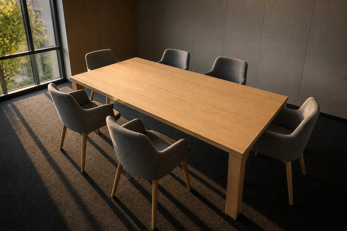 Table de réunion en bois et chaises vides vues en plongée, lumière rasante de fin de journée