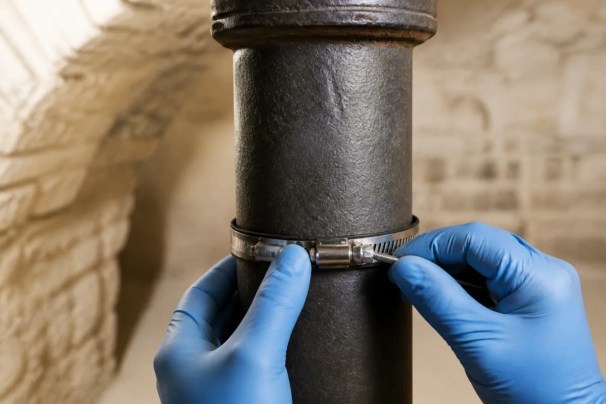 Mains gantées serrant un collier de fixation sur une conduite verticale
