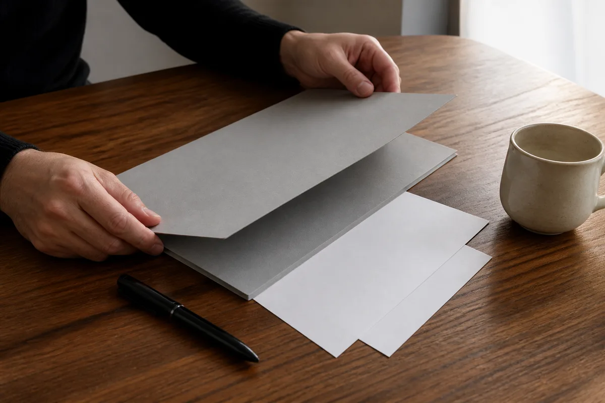 Mains d’adulte ouvrant une chemise cartonnée gris clair sur une table en noyer, tasse en grès à côté