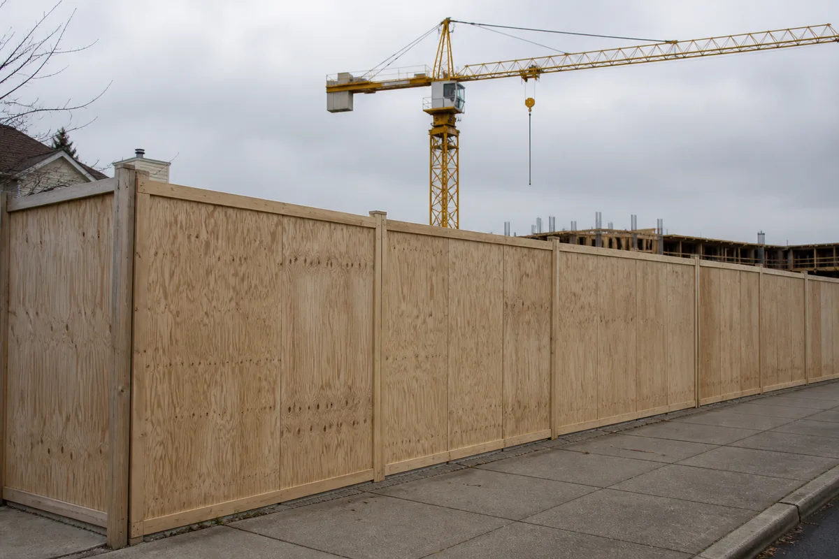 Chantier de logements en construction vu depuis la rue par temps couvert