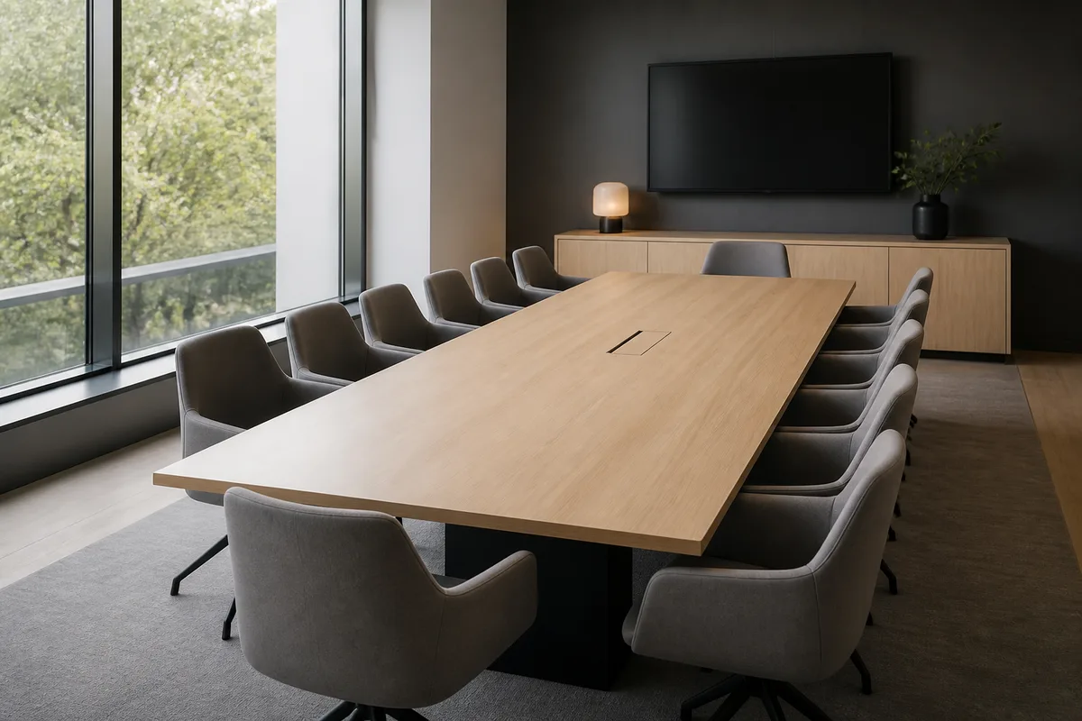 Table de réunion vide et fauteuils gris dans un bureau lumineux