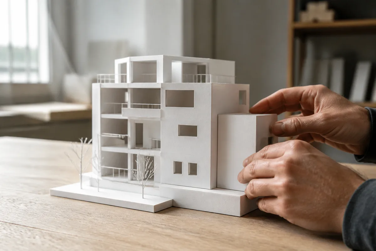 Maquette blanche d’un immeuble sur une table de bois nue