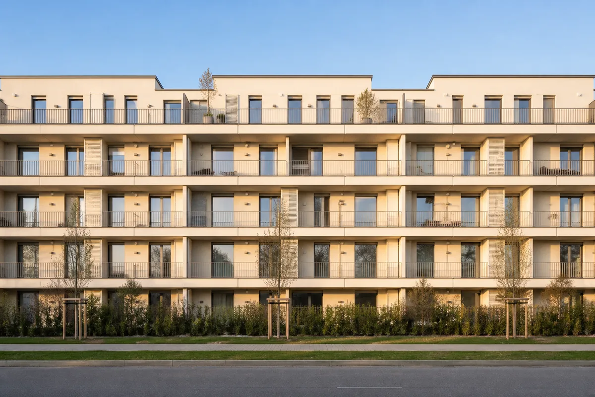 Façades d’immeubles résidentiels récents au lever du jour