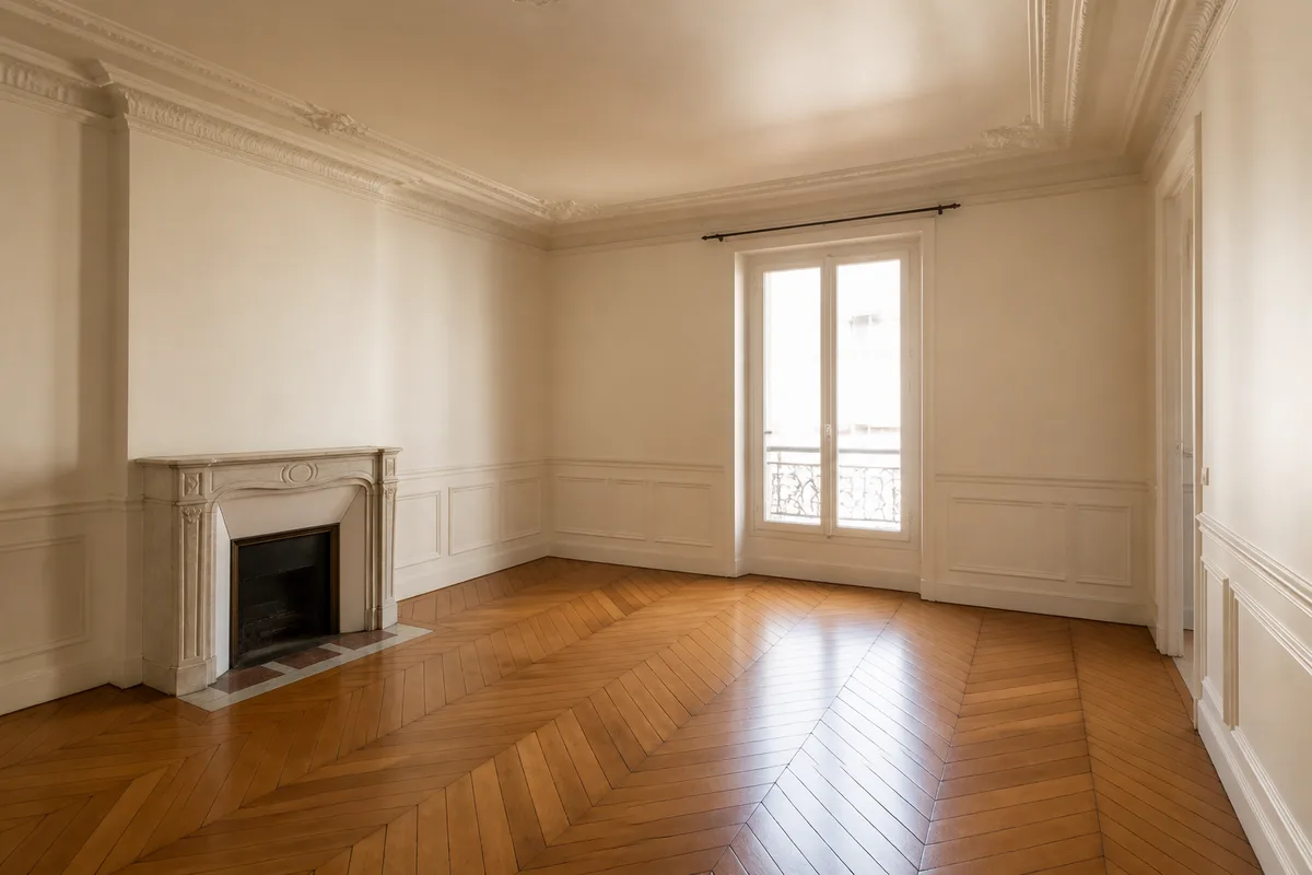 Séjour vide d’un appartement français avec cheminée en marbre et parquet