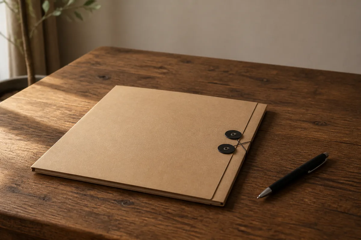 Chemise de rangement fermée et stylo posés sur une table en bois massif