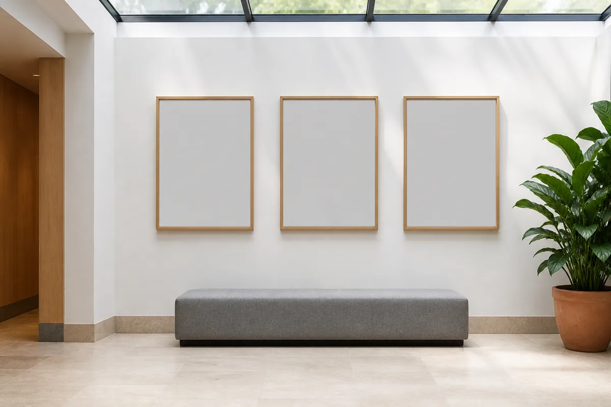 Mur clair d’un hall d’entreprise avec trois cadres en bois clair et une banquette unie