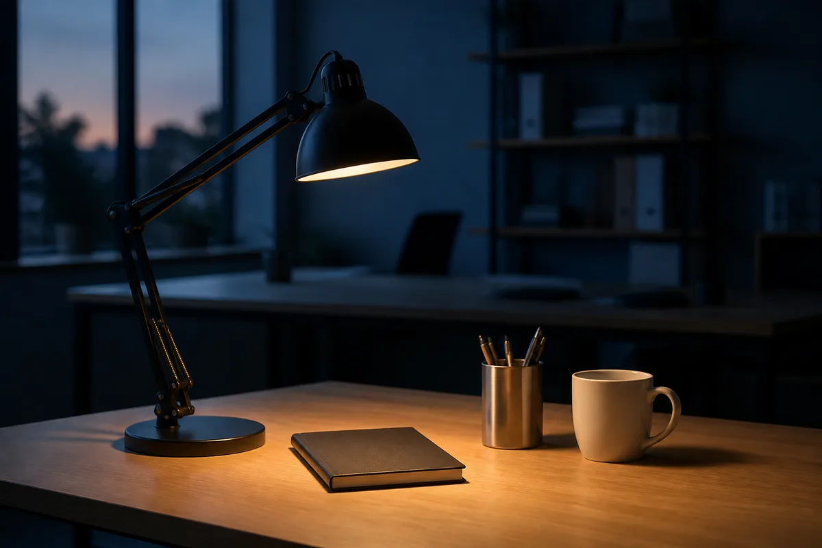 Lampe d’architecte en métal mat allumée au-dessus d’un plan de travail en bois clair