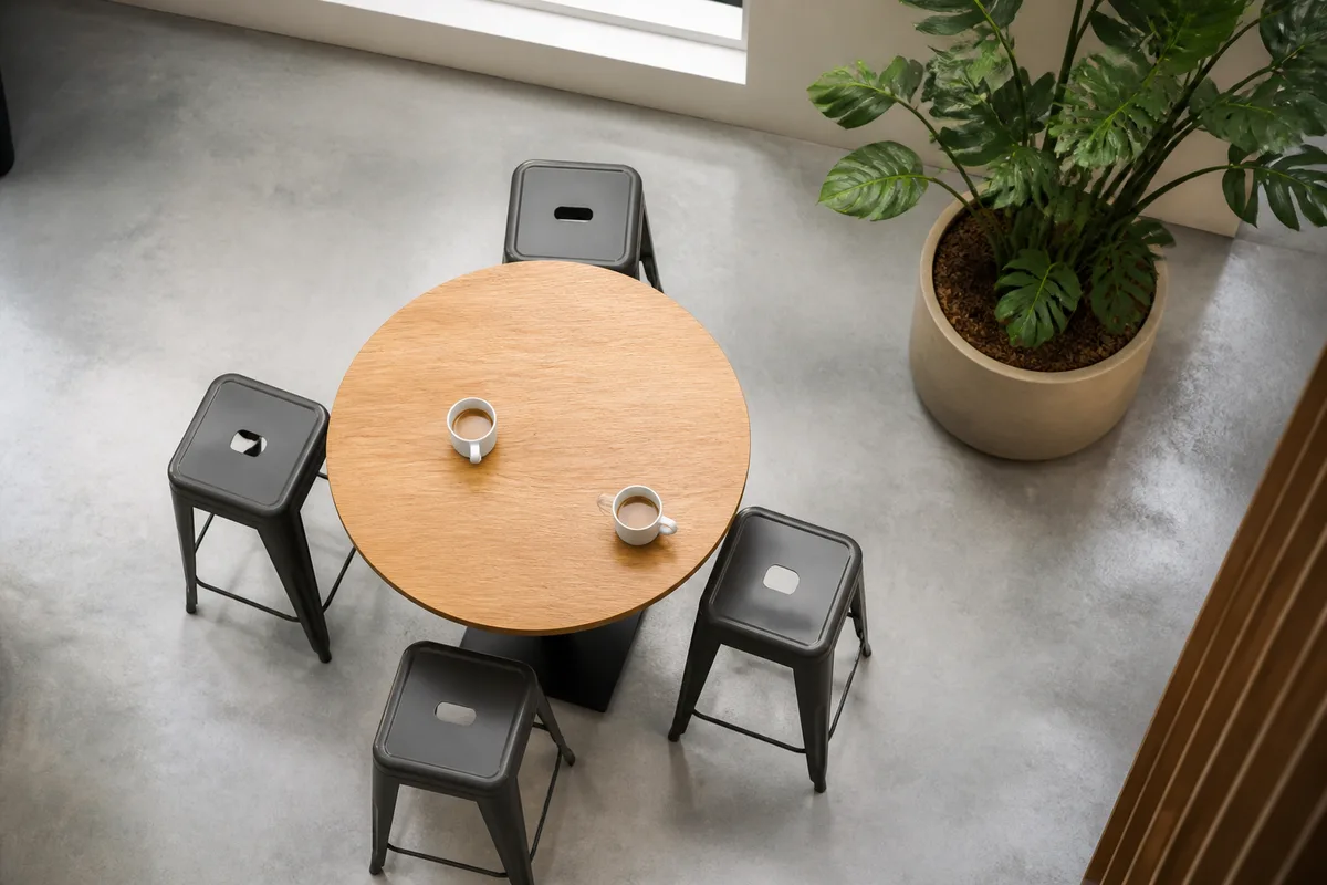 Salle de pause vue en plongée avec table ronde en bois clair, tabourets unis et grande plante verte