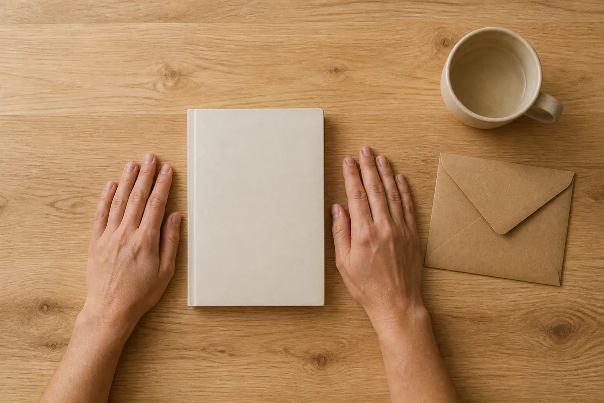 Table de cuisine en bois clair avec un carnet fermé, une enveloppe kraft et une tasse pour faire le point sur son épargne de précaution