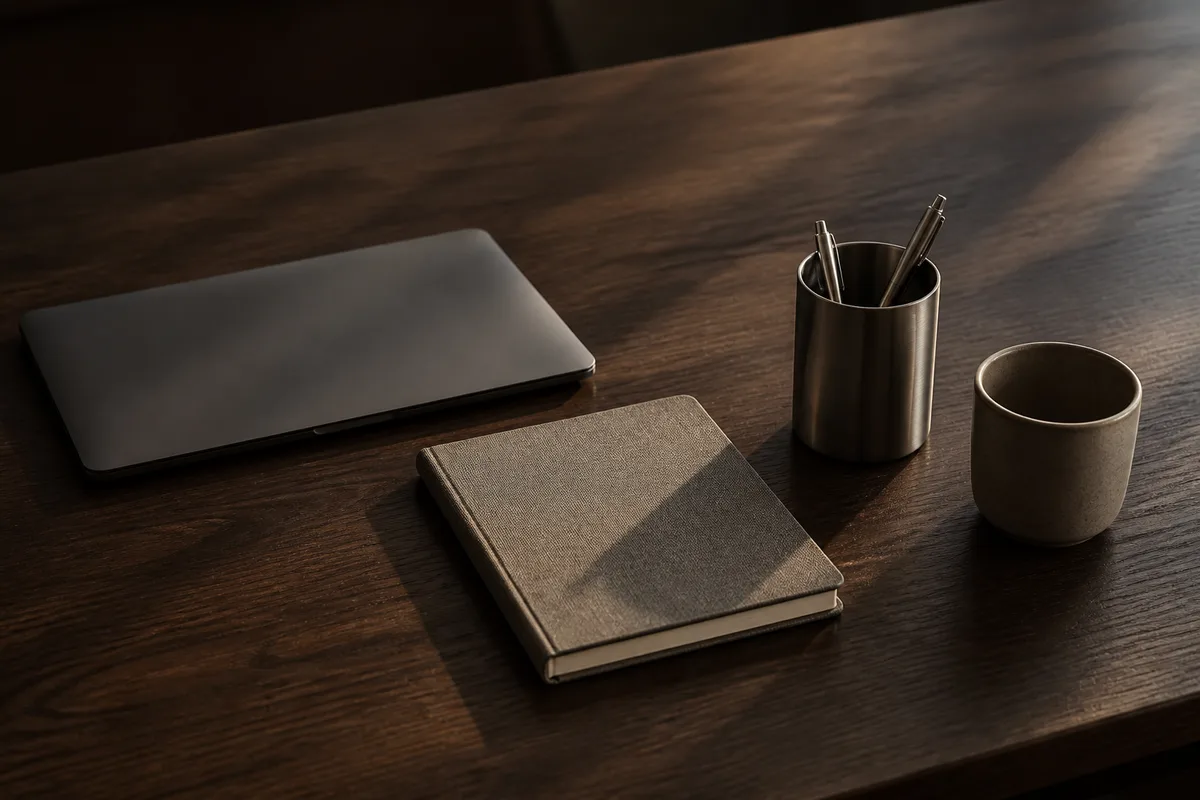 Bureau sobre en bois foncé avec un carnet toilé, un porte-stylos et une tasse en grès, lumière naturelle rasante