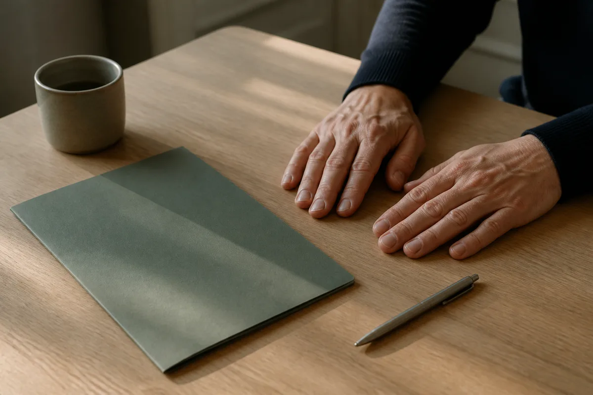 Chemises cartonnées fermées de couleur unie posées sur un bureau en bois nu