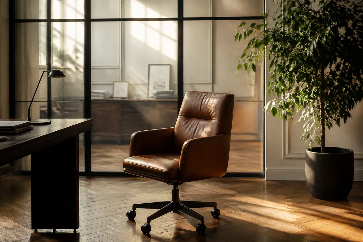 Fauteuil de bureau vide devant une verrière, plante verte et lumière naturelle