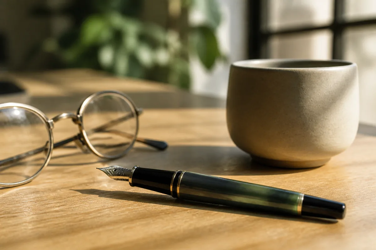 Stylo et tasse posés sur une table en bois clair, lumière rasante du matin