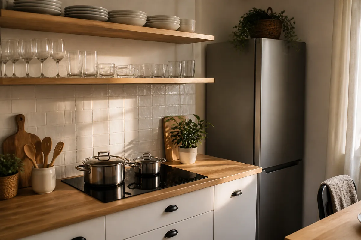 Cuisine équipée d’un studio meublé avec plaques de cuisson et étagères en bois clair
