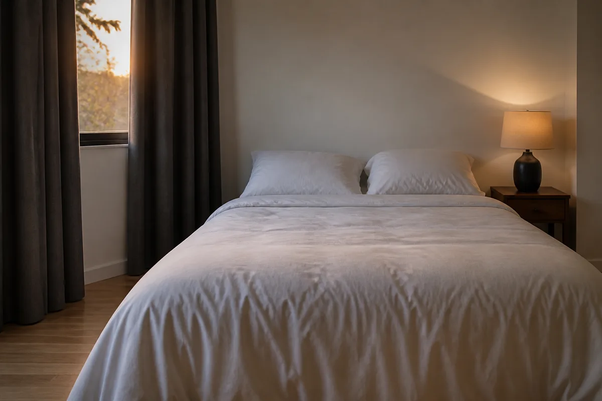 Chambre meublée avec literie claire, rideaux occultants et lampe de chevet