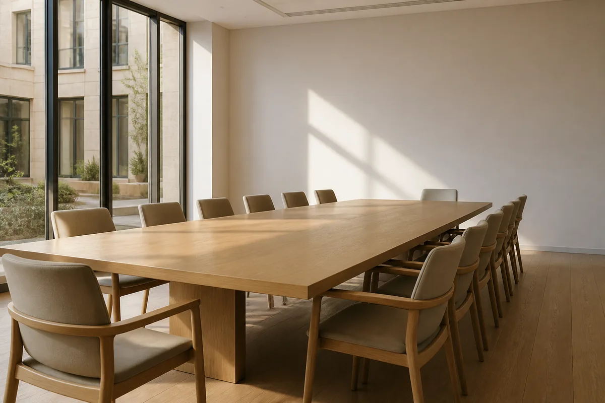 Salle de réunion vide dans un immeuble de bureaux français, table nue et lumière rasante