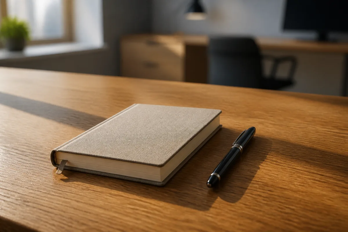Carnet fermé et stylo posés sur une table de réunion nue, bureau tertiaire français désert