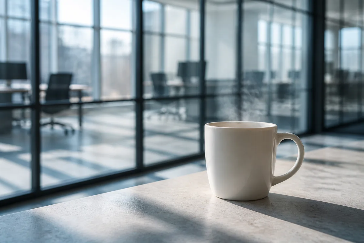 Tasse posée près d’une verrière dans un bureau français vide, lumière du matin