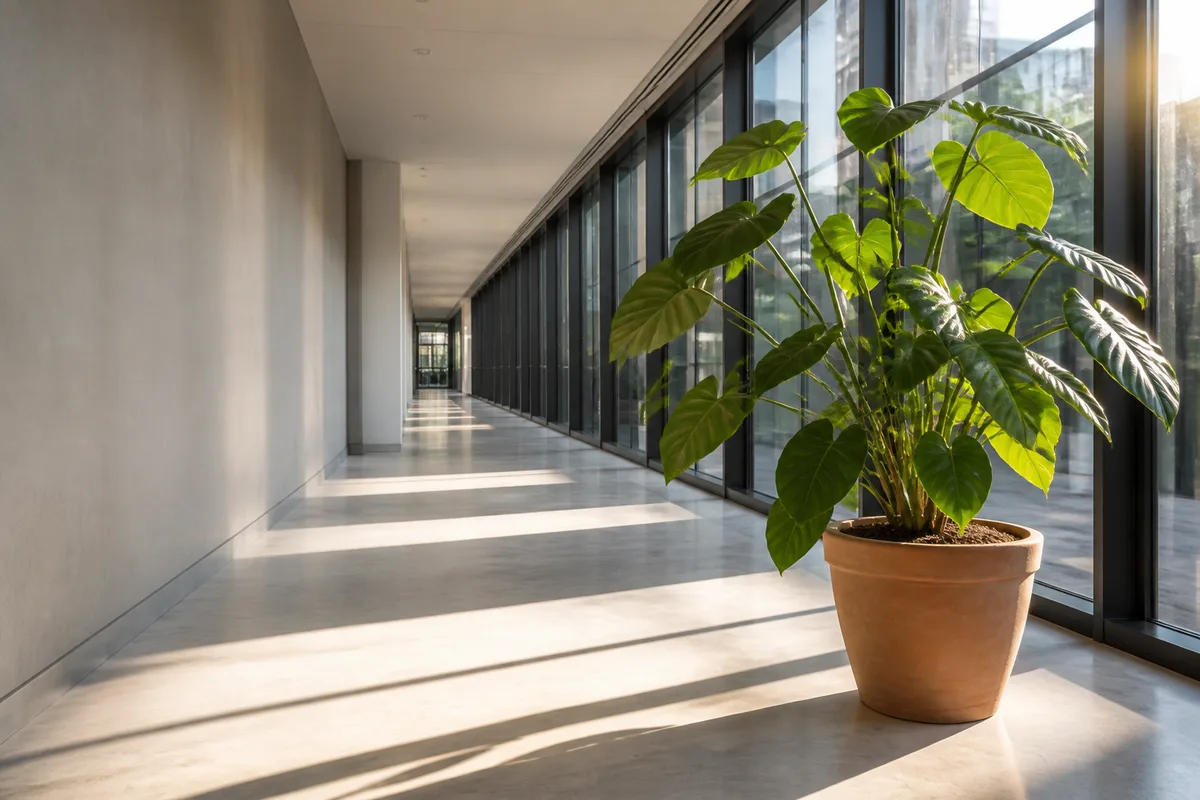 Plante verte devant une verrière, couloir de bureaux français désert en lumière rasante