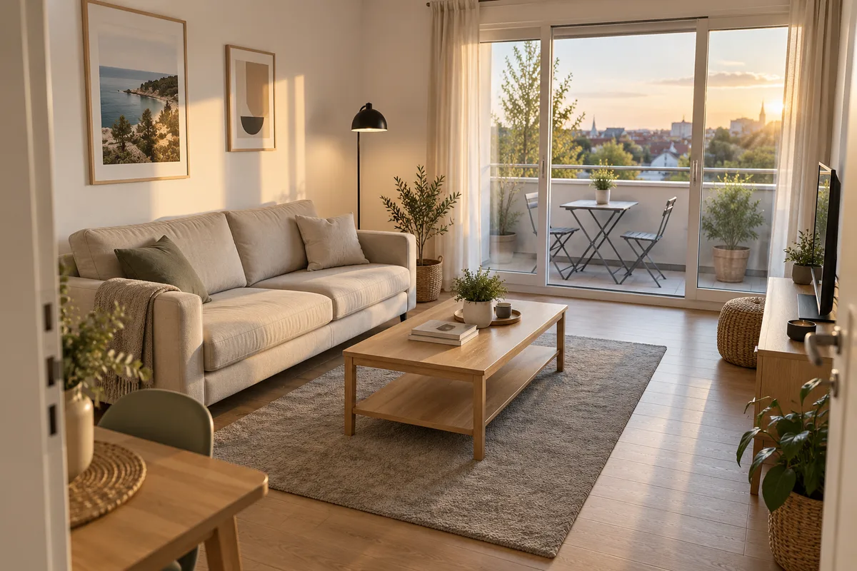 Salon d’un appartement meublé avec canapé clair, table basse et lumière traversante