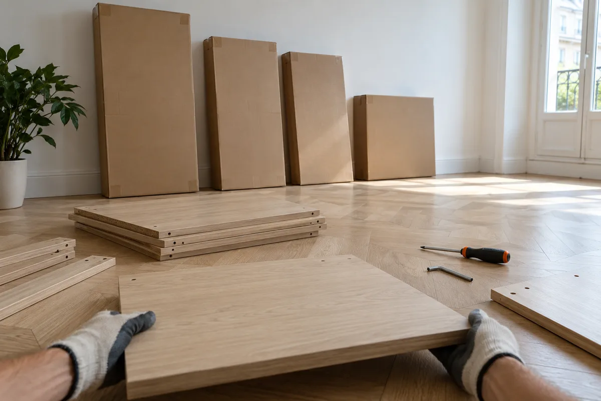 Cartons de meubles livrés dans un appartement vide avec parquet clair et outils de montage