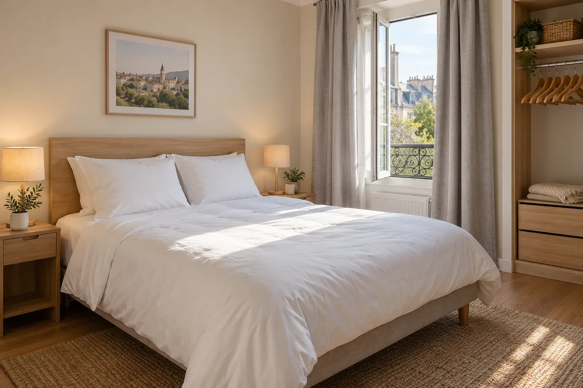 Chambre d’un logement locatif meublé avec literie neutre, rideaux occultants et chevet en bois
