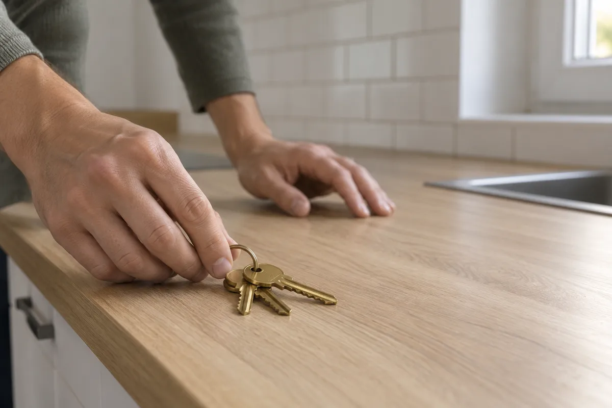 Mains posant un trousseau de clés sur le plan de travail d’un appartement vide