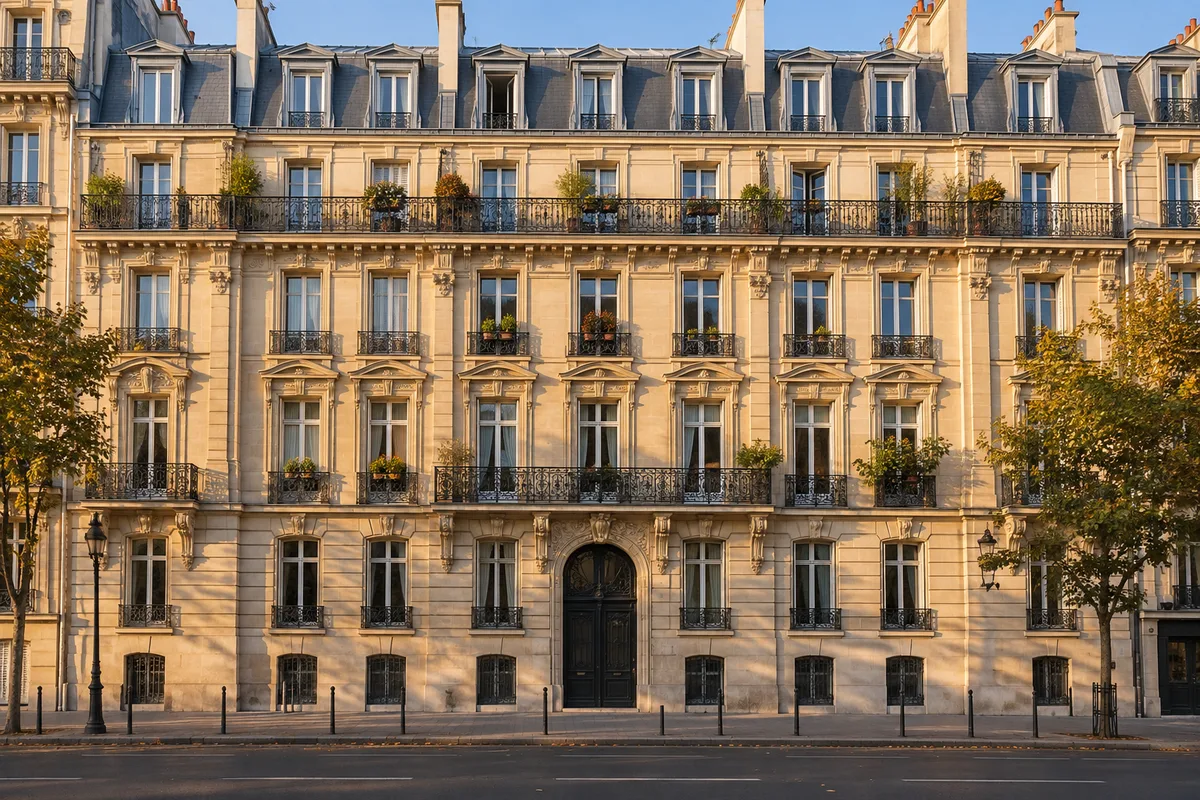 Façade d’immeuble haussmannien en pierre claire photographiée en fin d’après-midi