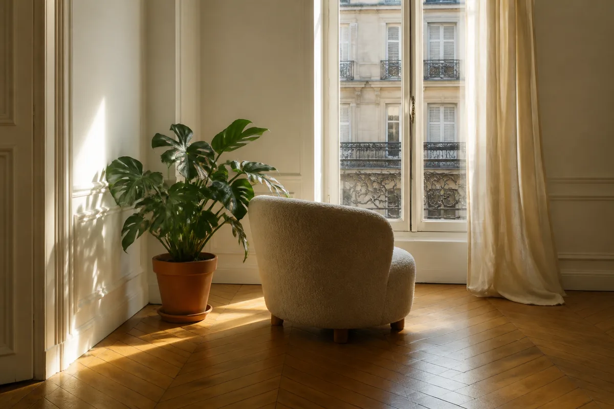 Fauteuil vide en tissu devant une fenêtre d’appartement français au petit matin