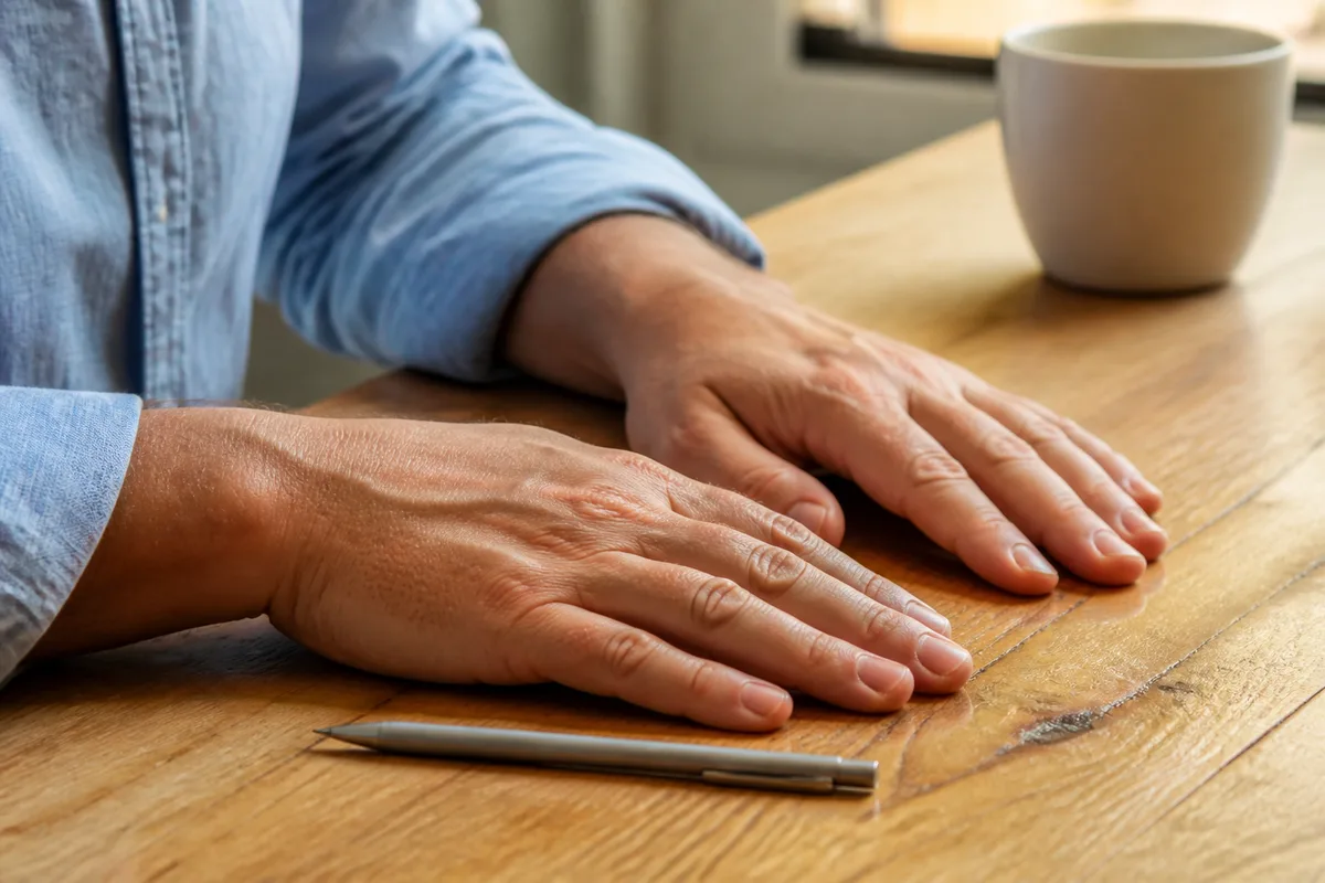 Mains posées à plat sur une table en bois nue à côté d’un stylo