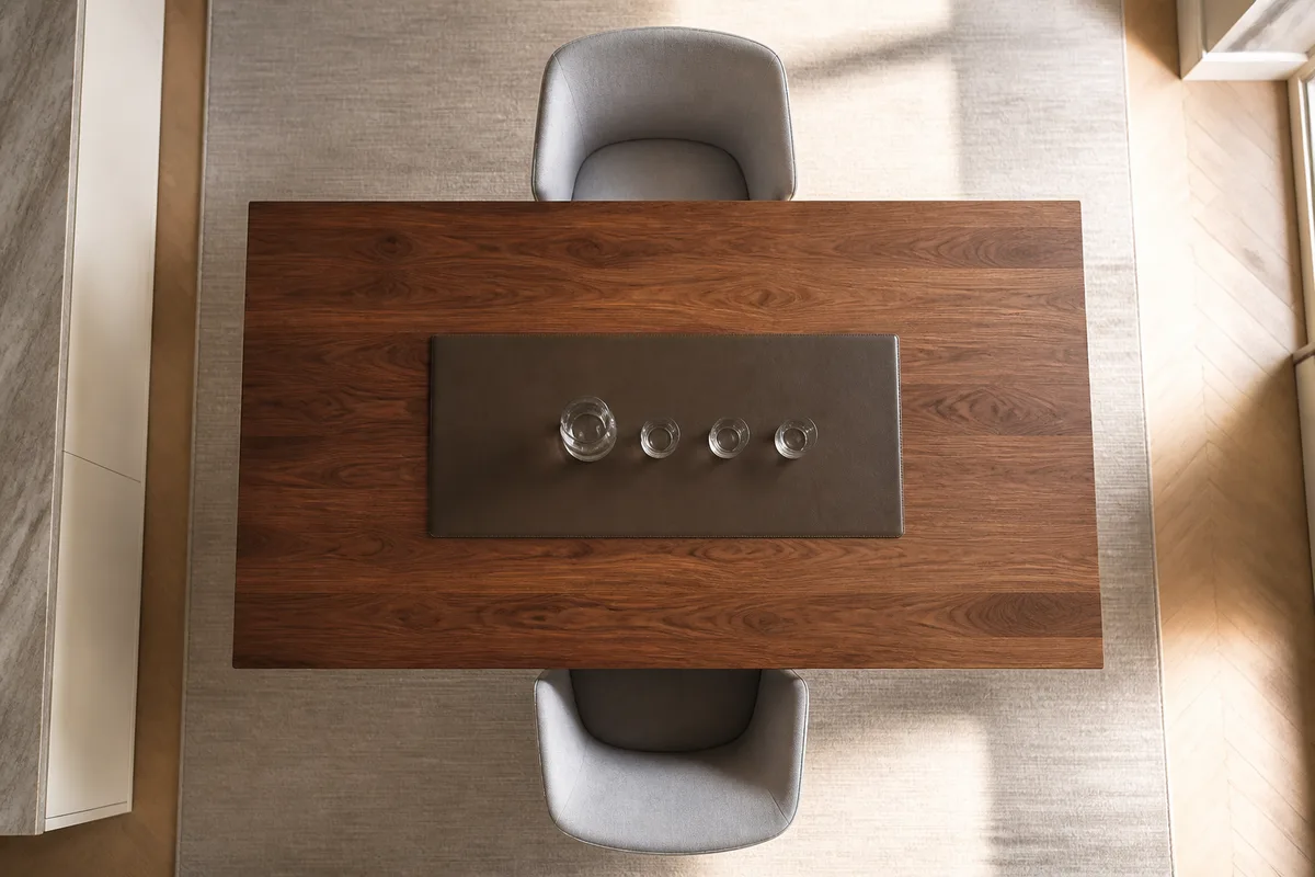 Micro sur pied articulé en métal mat installé au bord d’un bureau en bois clair, fauteuil de cuir brun en arrière-plan
