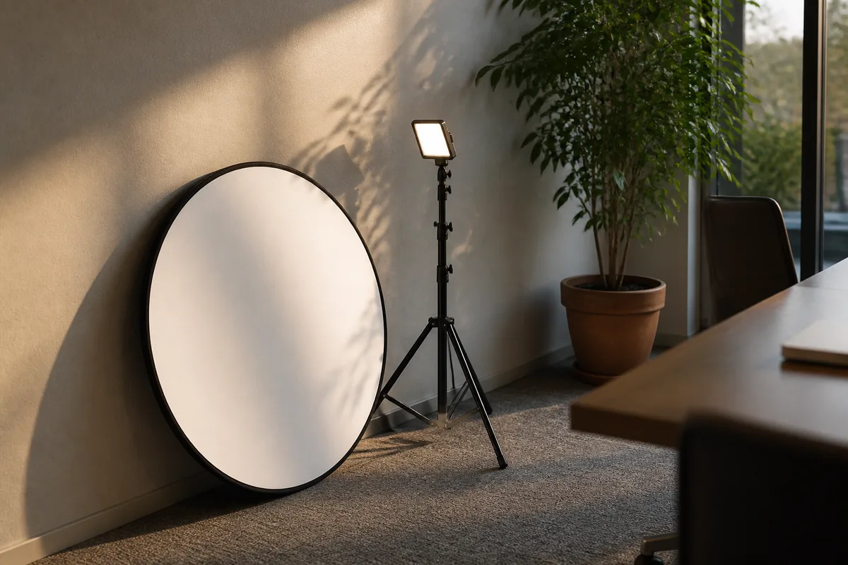 Réflecteur circulaire blanc et projecteur LED sur trépied installés dans l’angle d’un bureau de conseil